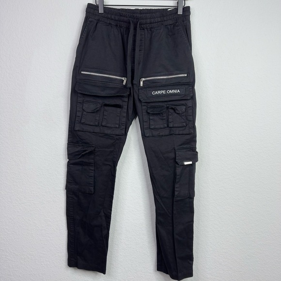 Carpe Omnia Pants Mens M Black Cargo Zip Pull On Streetwear Tactical‎ Grunge
